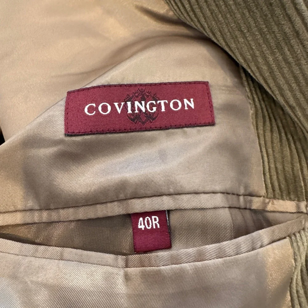 COVINGTON Corduroy Mens Sport Coat 46R Lt Brown Leather Buttons Professor Preppy